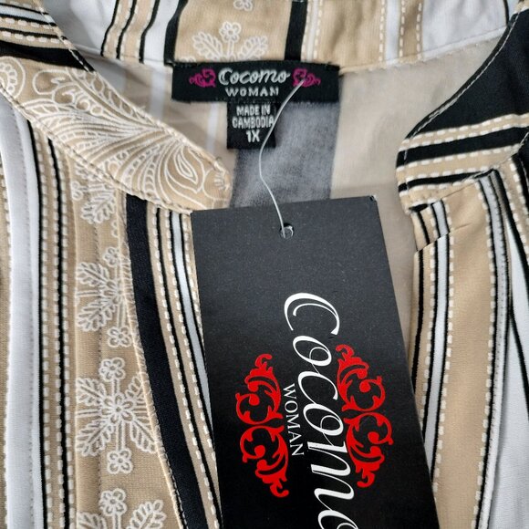 NWT Cocomo Plus Size 1X Beige Multi Color Stripe Print Short Flutter Sleeve Top - Picture 6 of 7